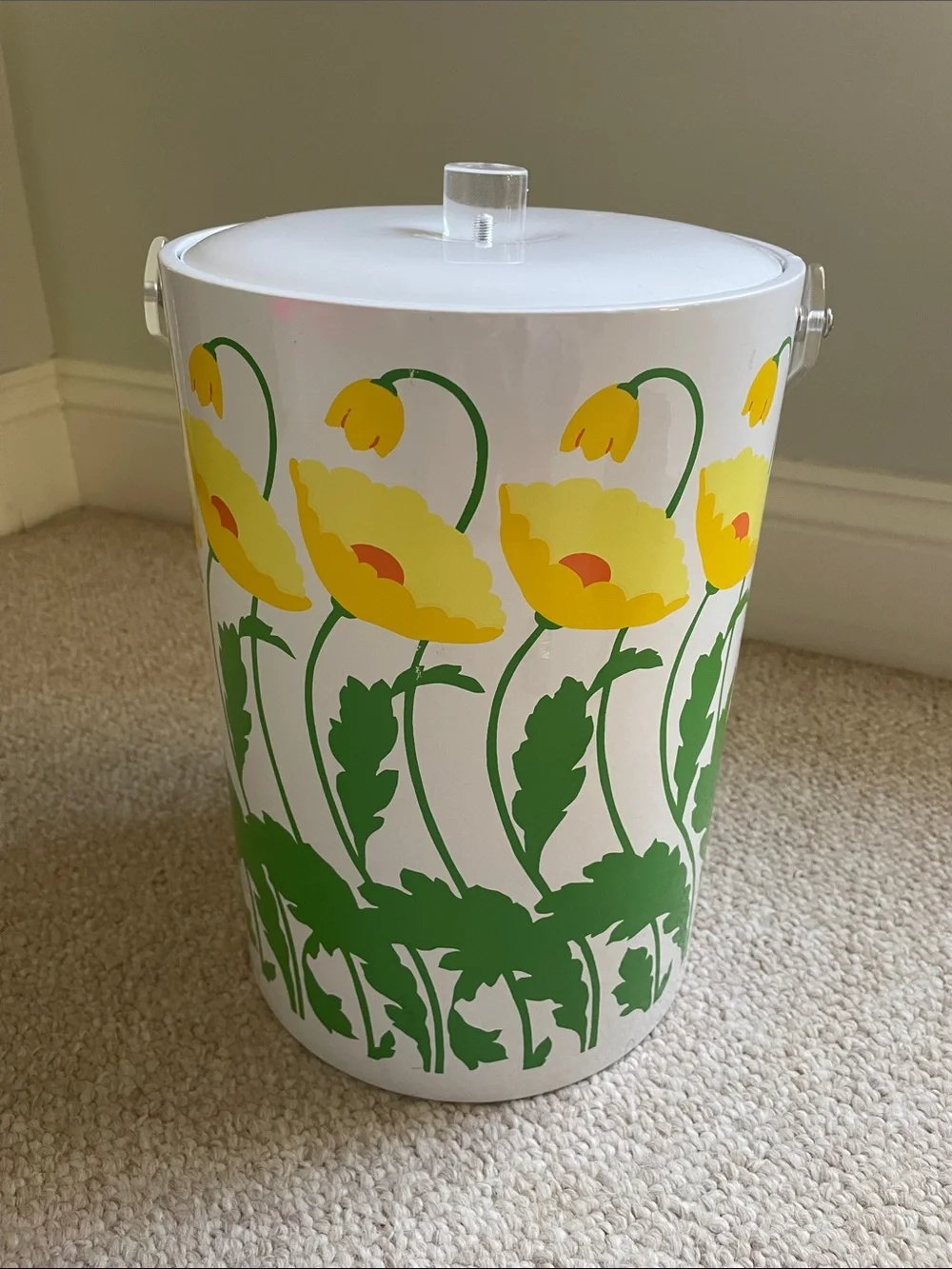 Vintage 1970s St. Tropez Audrey Pattern Ice Bucket with Clear Lucite Handle